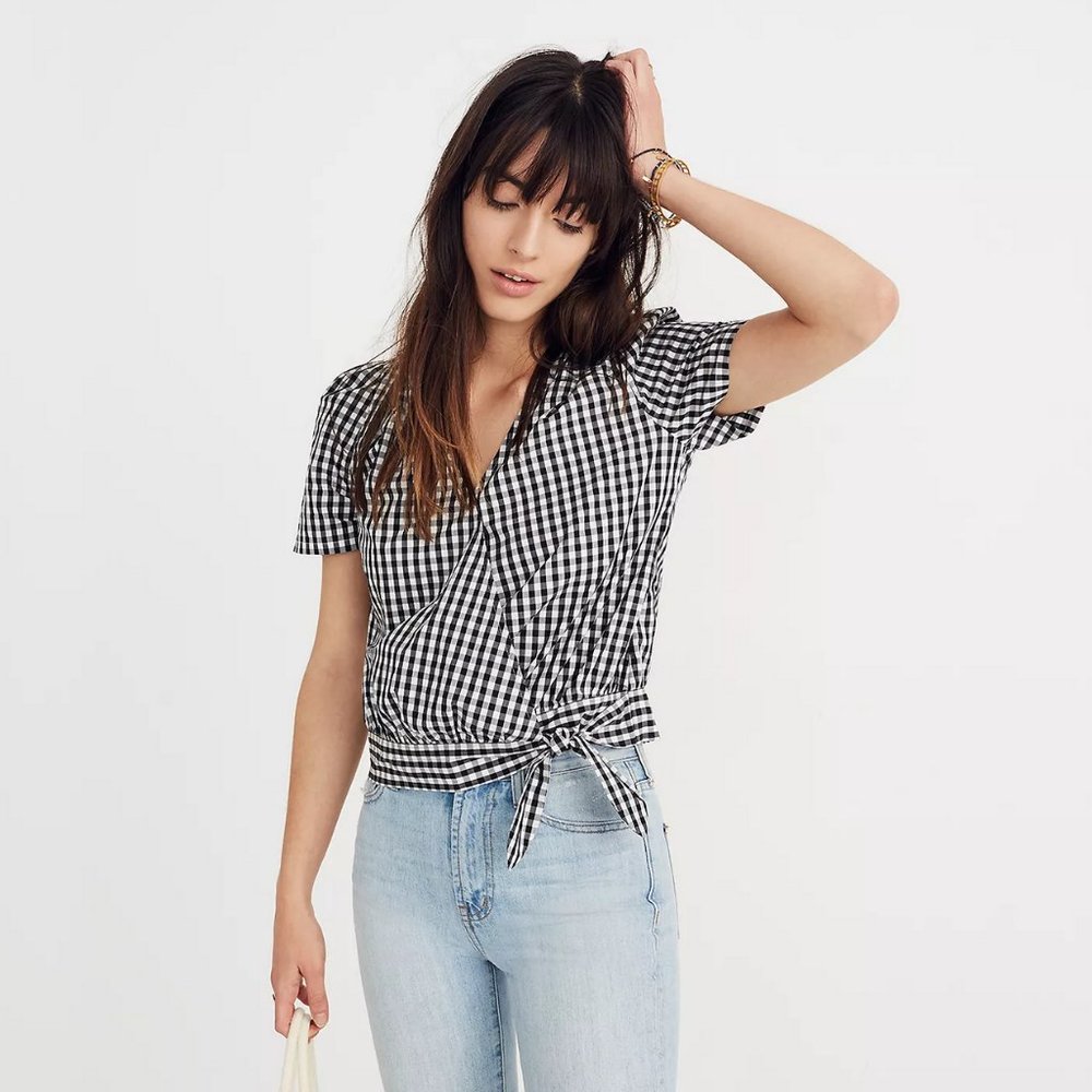 Madewell Black and White Gingham Wrap Blouse
